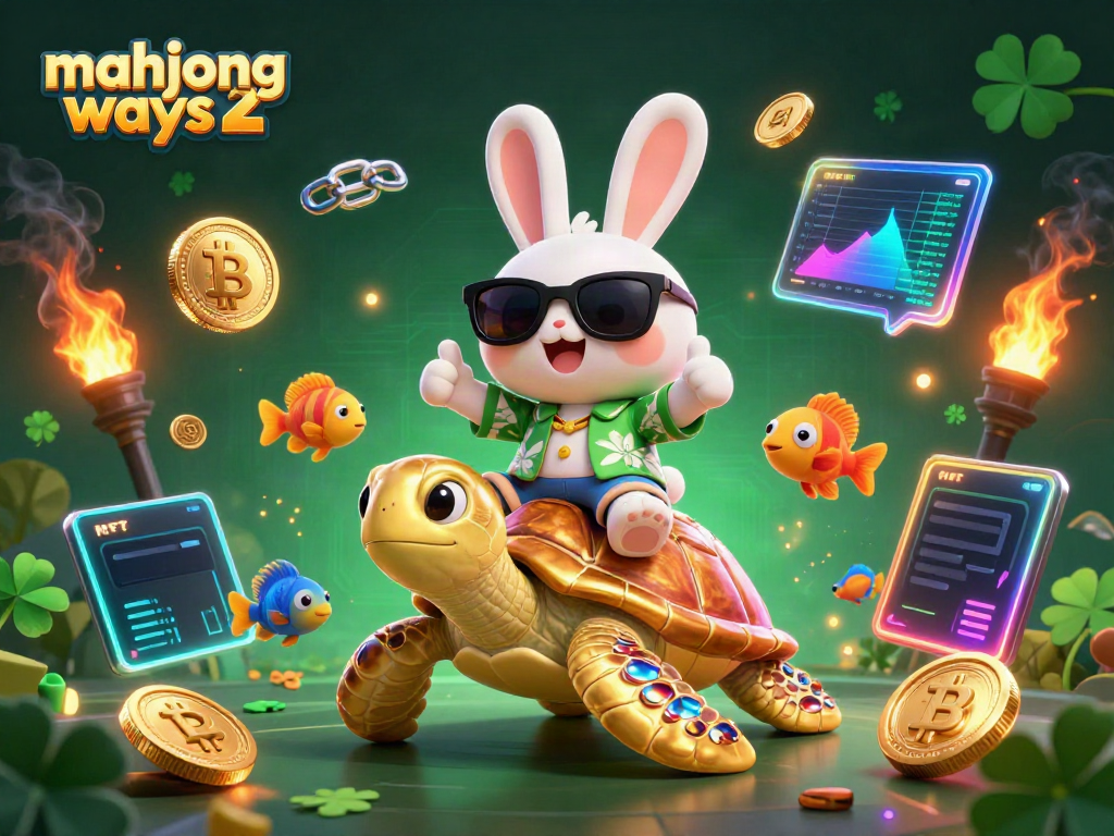Play Mahjong Ways 2 with luck as a cartoon rabbit rides a treasure-filled turtle in this vibrant casino scene.