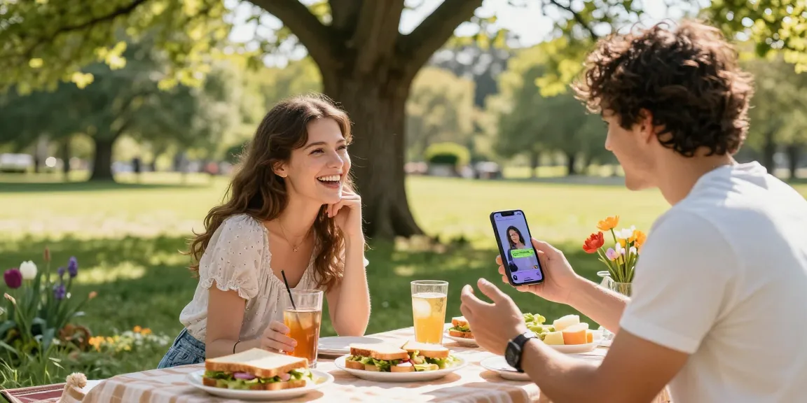 Couple engaging with their AI girlfriend in a picturesque park setting.