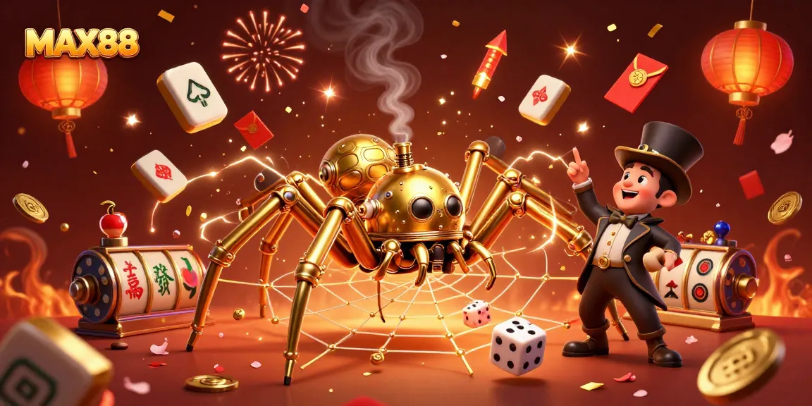 MAX88 showcases a dynamic gambling scene with a golden spider and festive casino elements.