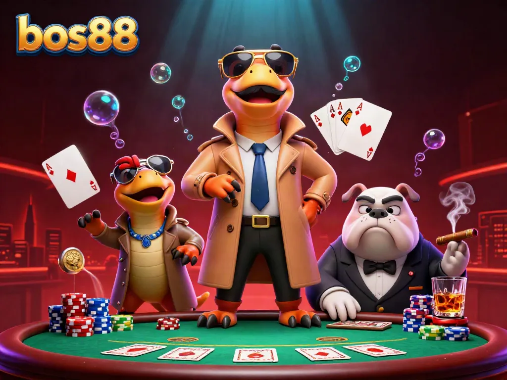 Experience the engaging atmosphere of bos88 as three raptors in a trench coat humorously attempt to enter a VIP casino lounge.
