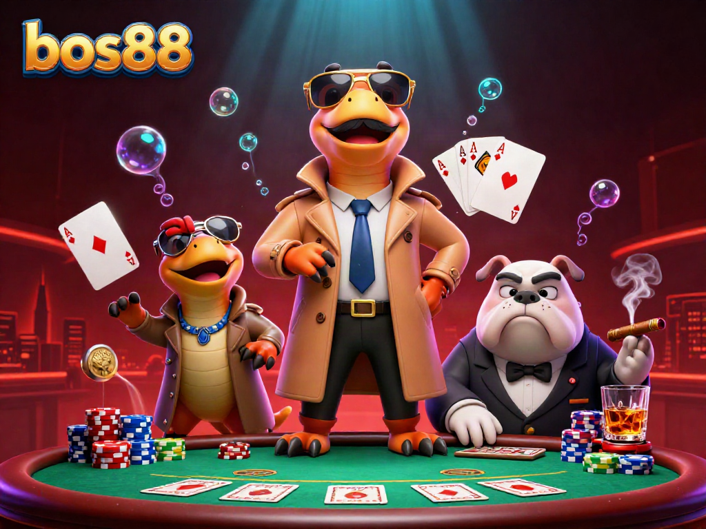 Experience the engaging atmosphere of bos88 as three raptors in a trench coat humorously attempt to enter a VIP casino lounge.