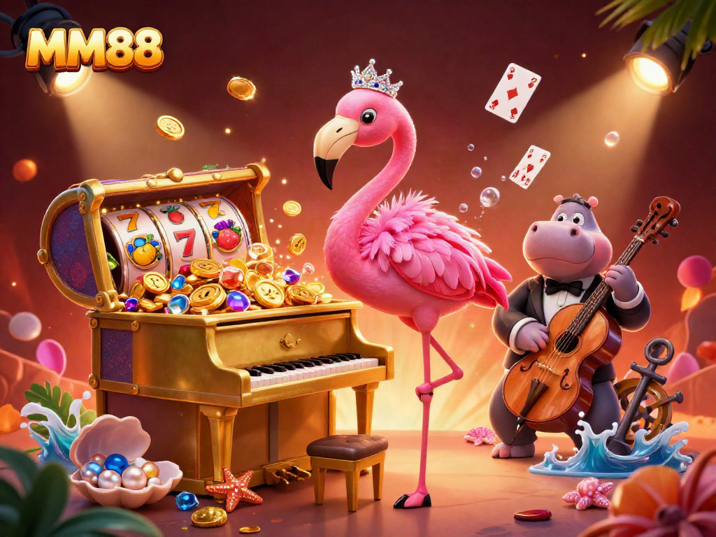 Experience thrilling gameplay with MM88’s vibrant casino scene featuring lively characters and dynamic slot elements.