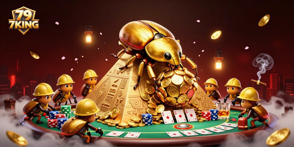 Engage with 79KING as a golden beetle leads a casino adventure with vibrant poker elements.