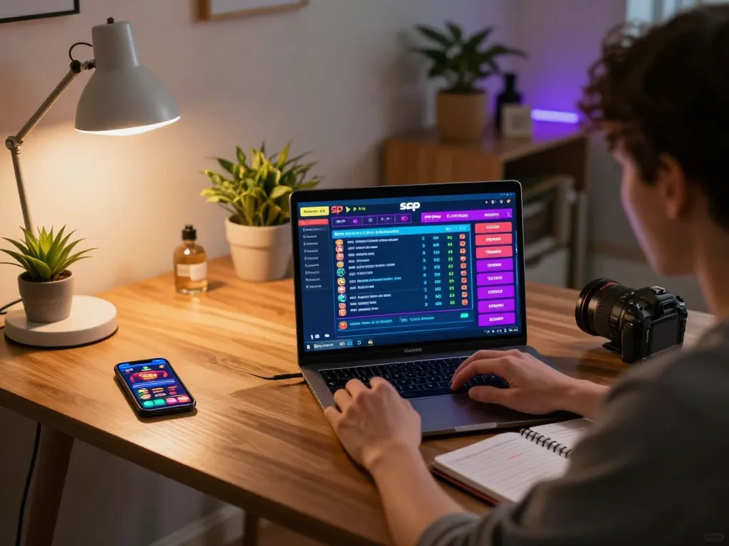 Engaging moment of a player analyzing data sgp for Togel online, showcasing a home gaming setup with laptop and strategy notes.