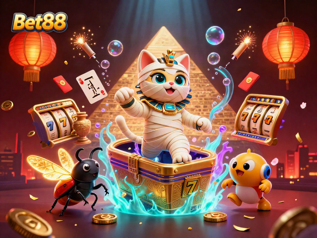 Bet88 features a lively 3D illustration of a mummy cat in a pyramid casino amidst vivid symbols of slots and ancient treasures.