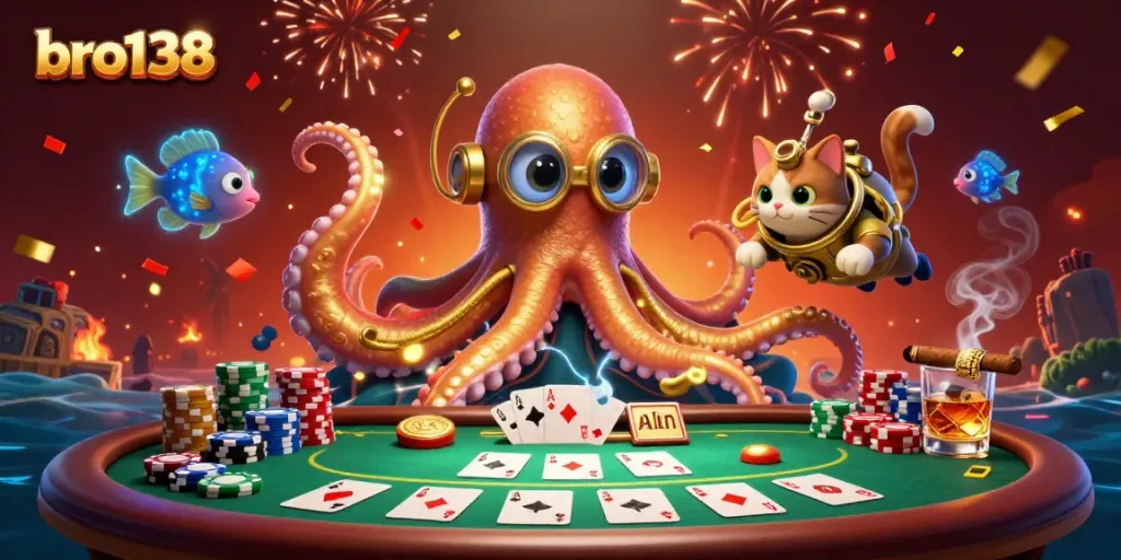 Engage with the thrilling world of bro138 poker, featuring golden kraken and a diving cat, surrounded by poker elements.