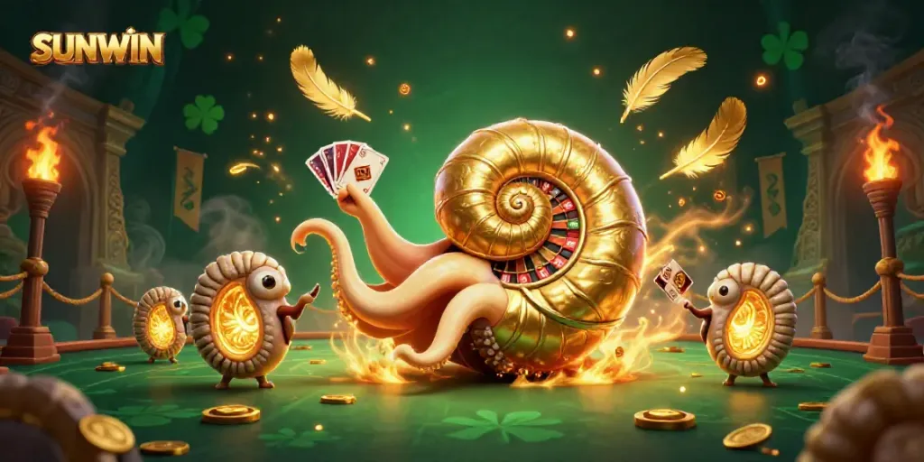 Experience the excitement of SUNWIN casino with a golden nautilus roulette wheel and glowing companions amidst vibrant game elements.