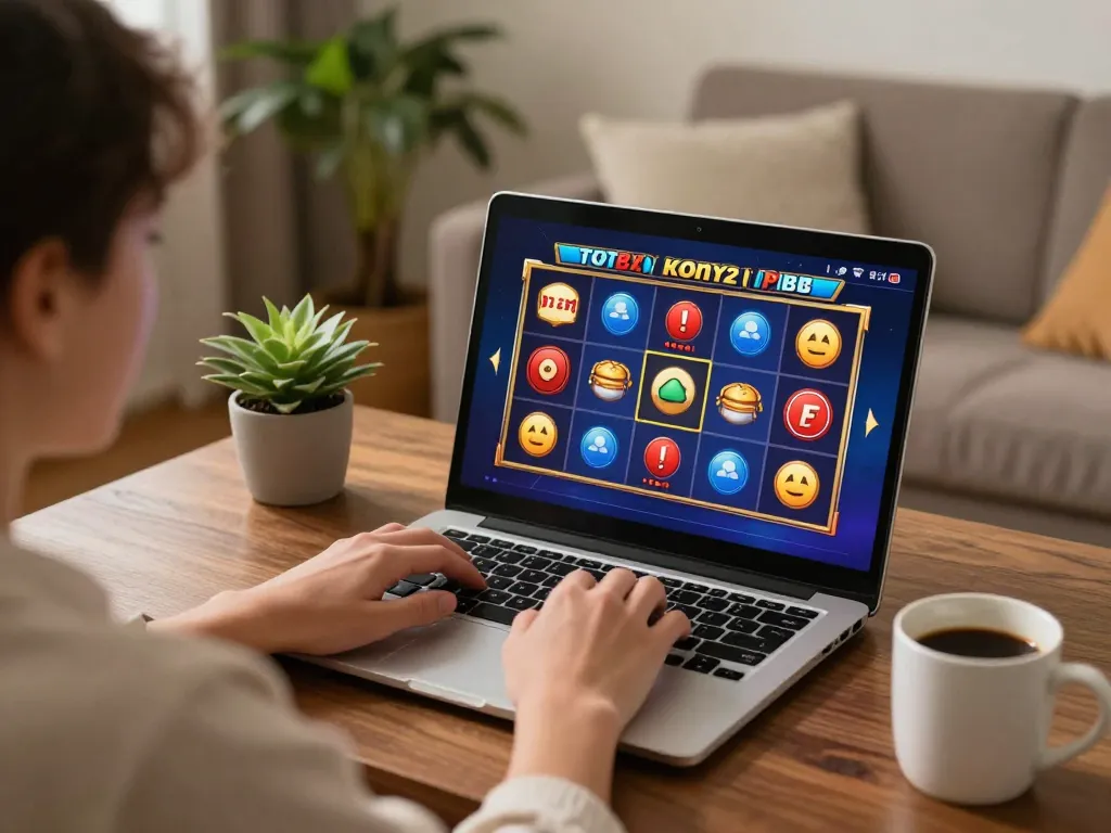 Gincal player enjoying a slot game on a modern laptop in a cozy home environment.