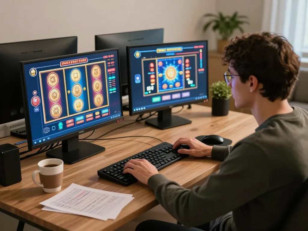 This online gaming setup showcases the thrill of playing at a casino bonus utan svensk licens with a person immersed in slot gameplay.