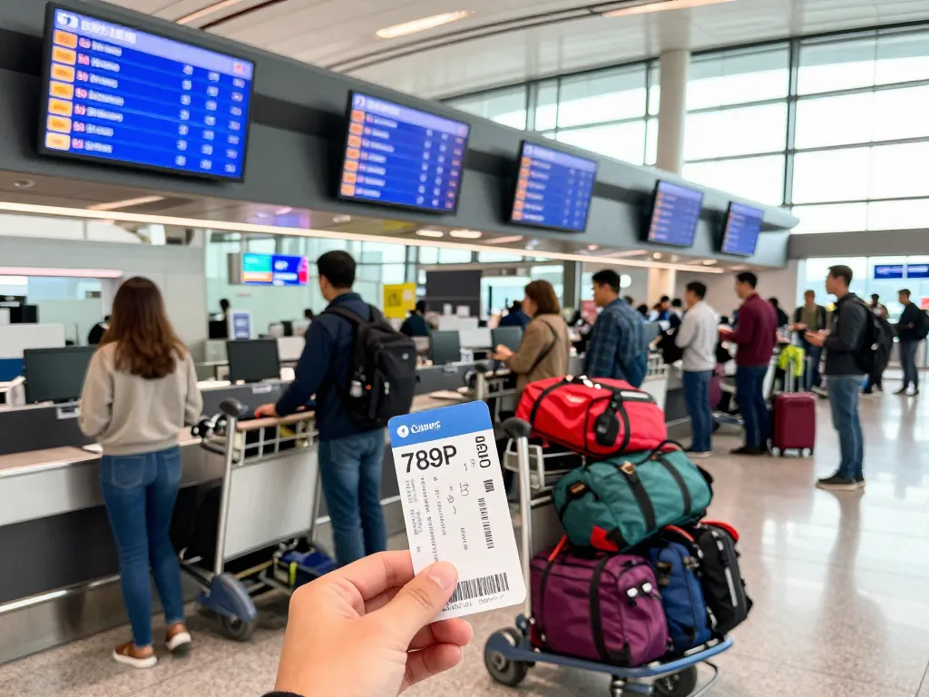 Traveler holding 789P boarding pass at busy airport terminal.