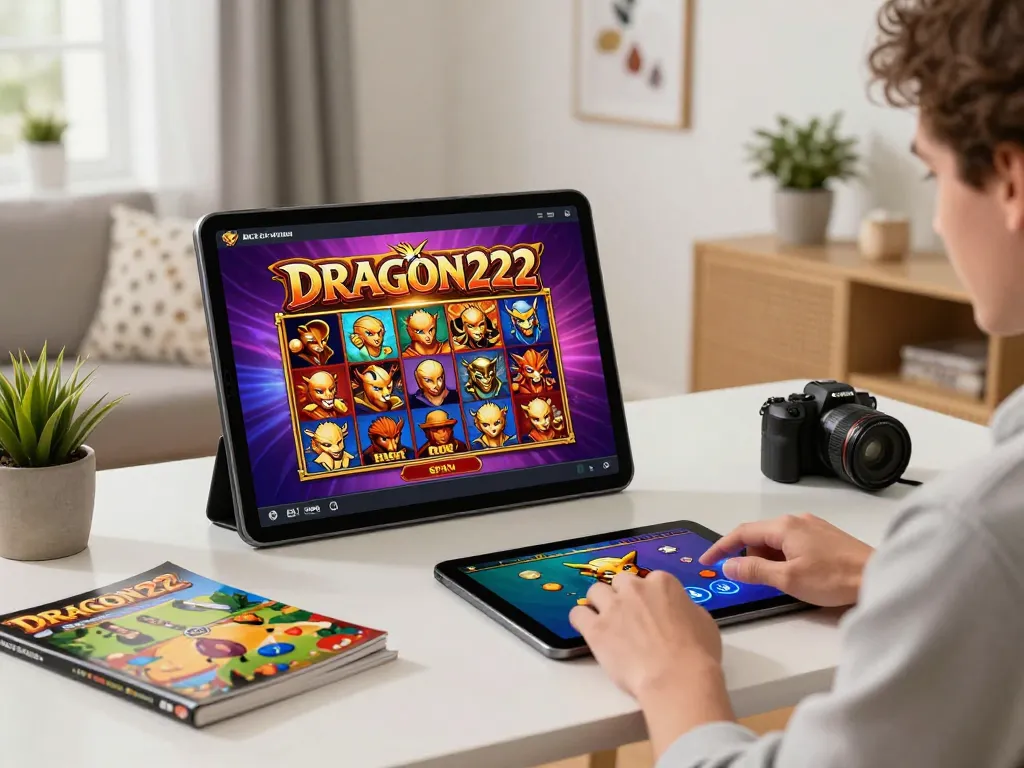 Player enjoying a thrilling DRAGON222 slot game on a tablet in a cozy home setting.