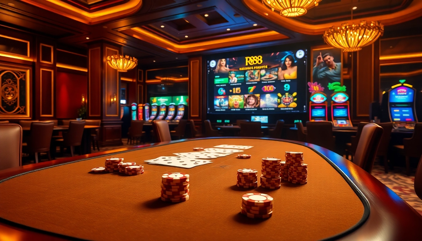 Experience high-stakes excitement at RR88's luxurious gaming tables with vibrant casino elements.