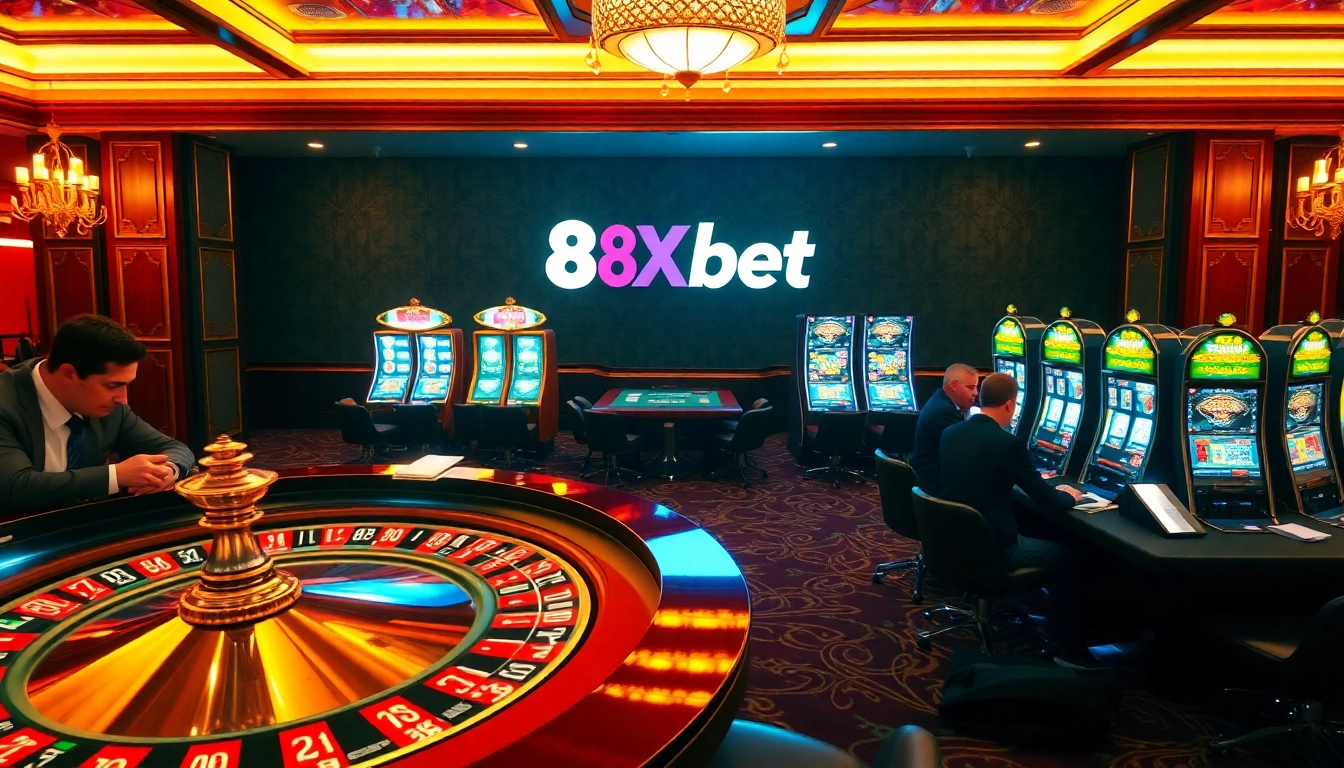 Players enjoy exhilarating games at 8Xbet casino, highlighted by roulette and slot machines.