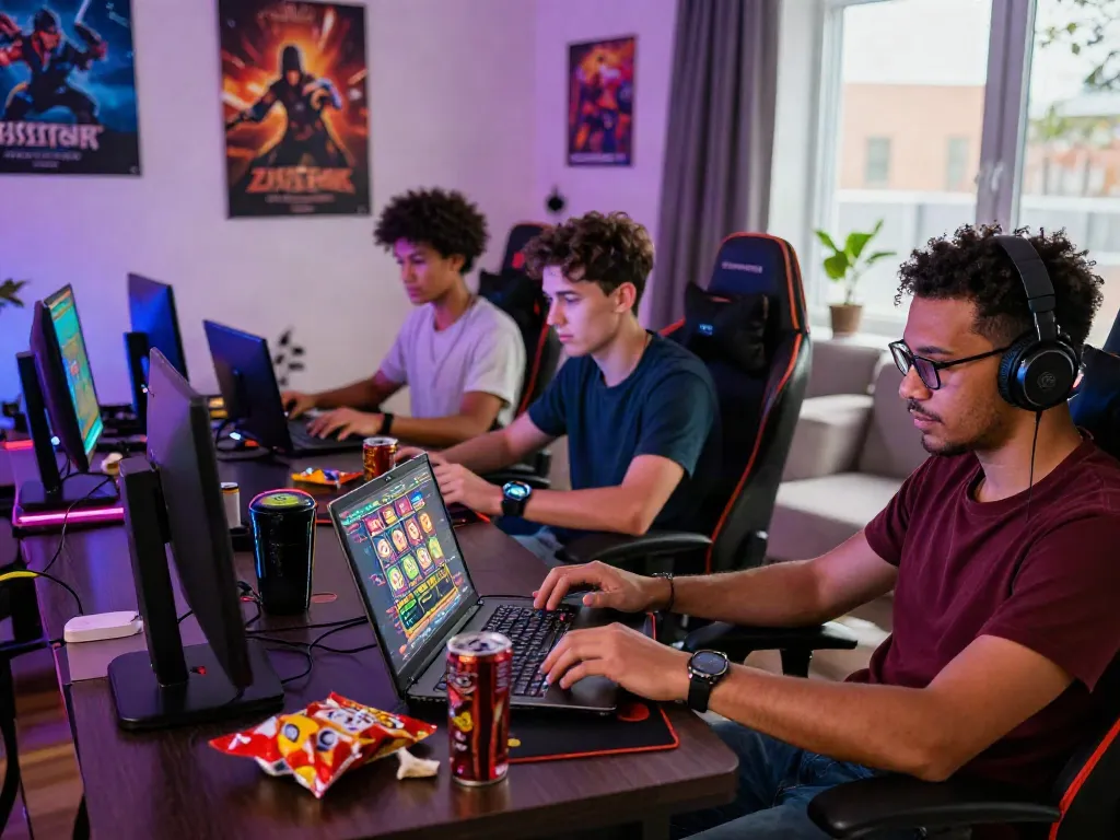 A group of young adults enjoying an interactive akunjp online gaming session in a vibrant living room.