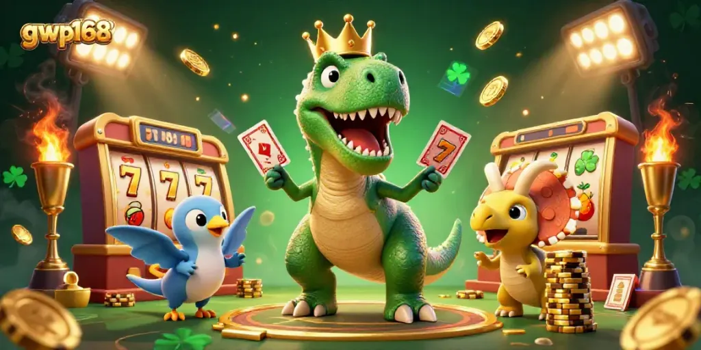 GWP168 menghadirkan ilustrasi kartun T-Rex ramah di kasino, menyusun kartu dan chip emas.