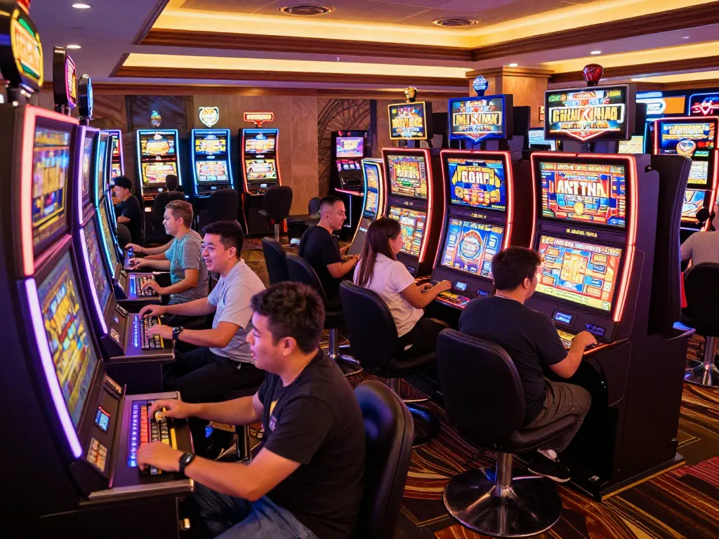 IDCASH88 players engaging with colorful slot machines in a lively casino atmosphere