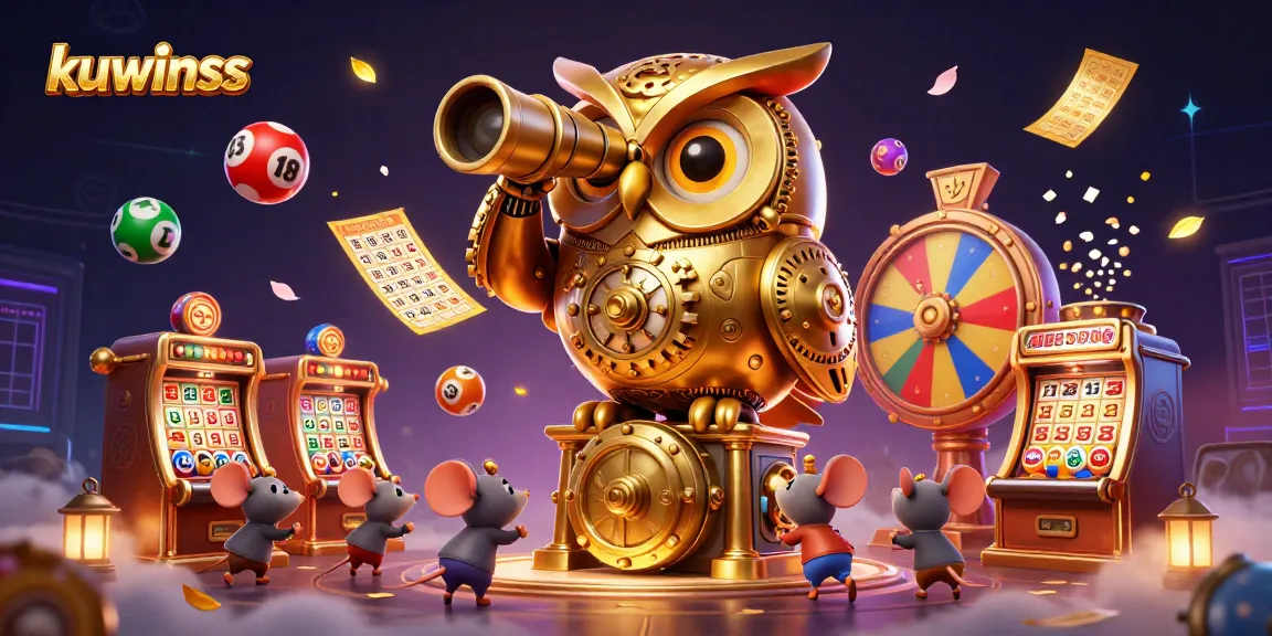 Experience kuwinss with a vibrant casino scene featuring a golden owl and lottery elements.