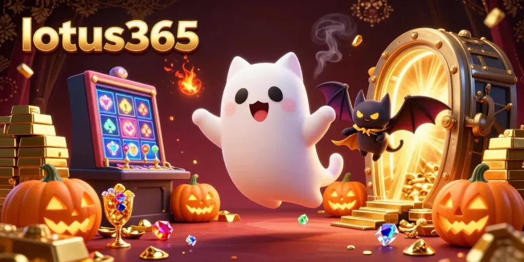 Engage with lotus365's vibrant casino adventure featuring a friendly ghost cat and a vampire bat.