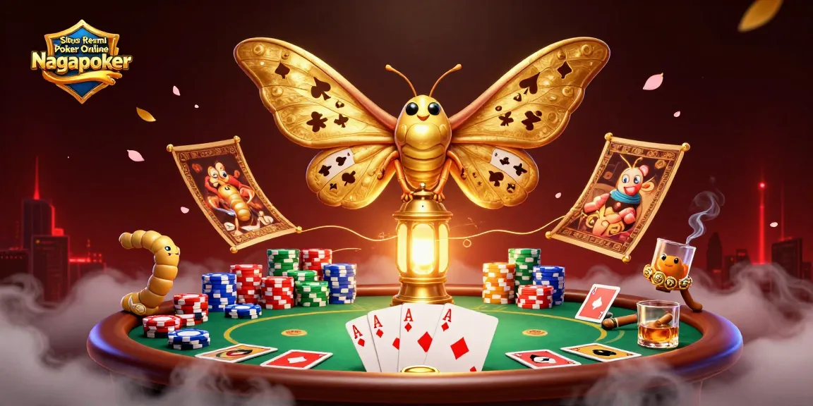 Situs Resmi Poker Online Nagapoker showcases an ultra-detailed poker scene featuring vibrant moths and casino elements.