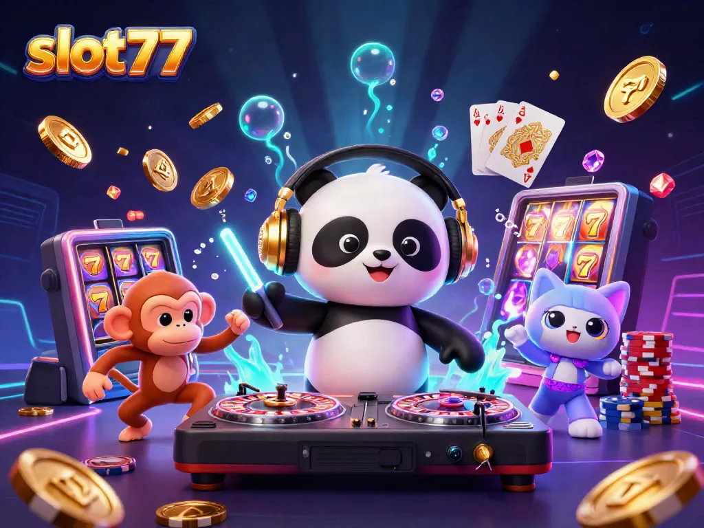Permainan slot777 yang menarik dengan panda DJ dan kucing bersinar.