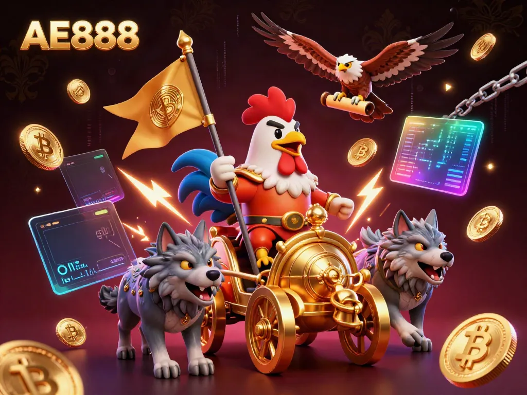 Experience the thrill of AE888 with a 3D cartoon clash of golden chariots and cryptocurrency.