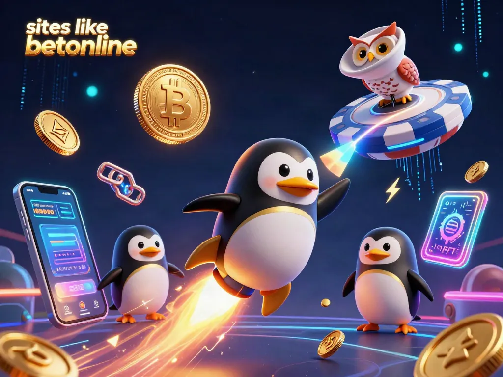 Engage with top sites like betonline, featuring a golden penguin and crypto elements in a vibrant casino scene.