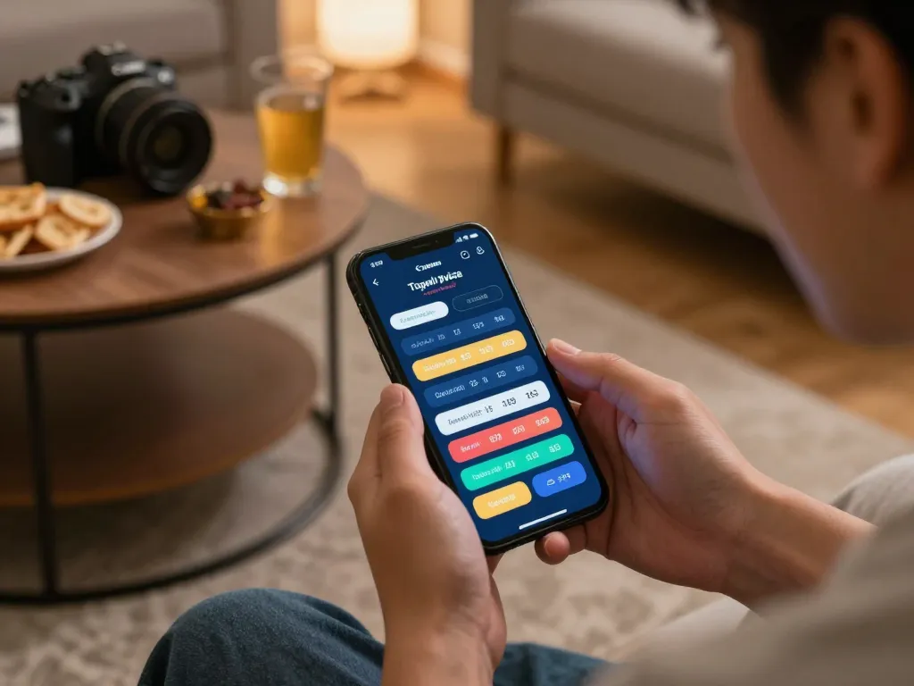 Engaging in togel pulsa betting on a smartphone in a cozy home setting with snacks and drinks