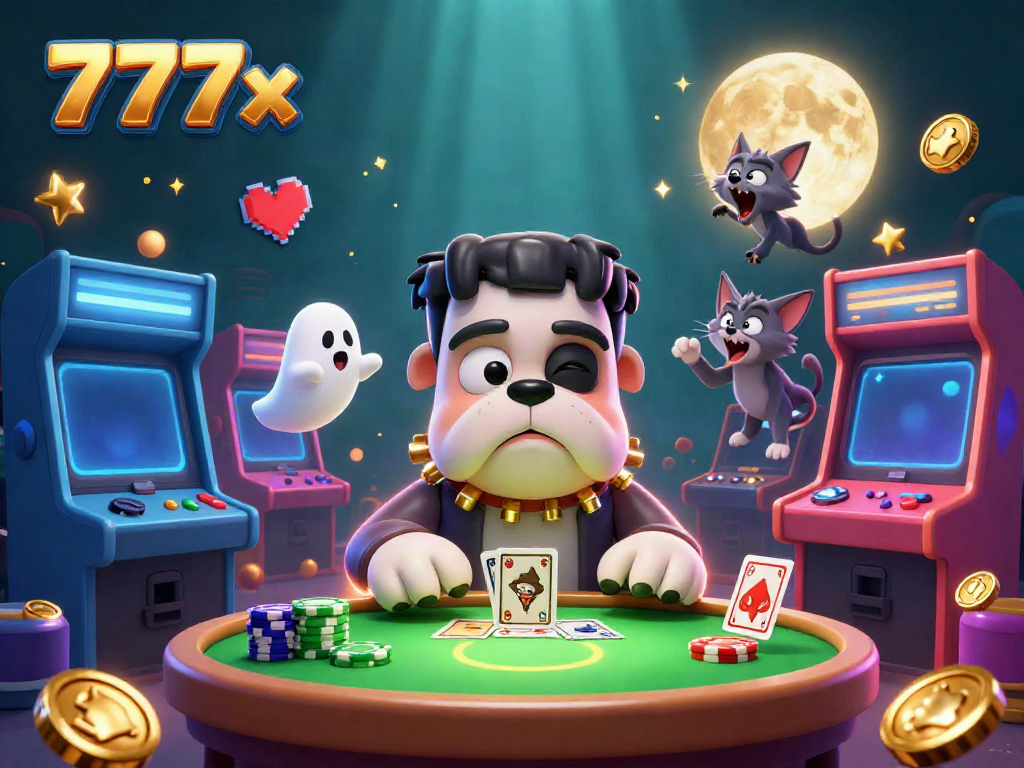 Players enjoy games at the festive 777x casino with lively cartoon characters in action.