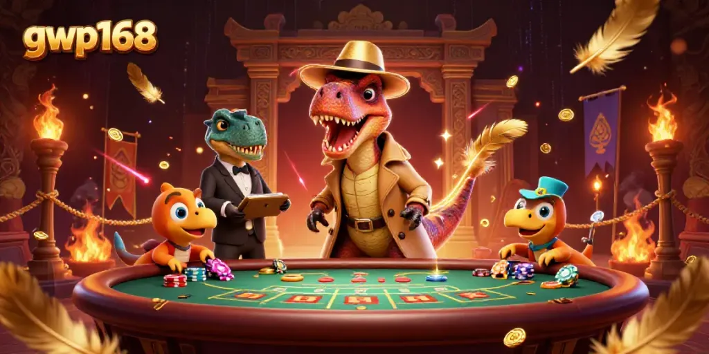 Permainan gwp168 dengan velociraptor di blackjack, didampingi pit boss stegosaurus dan pencopet.