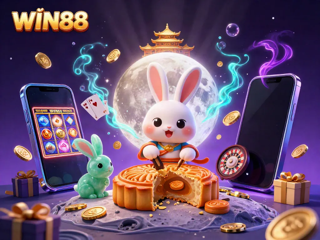 Experience excitement with the WIN88 moon rabbit as it reveals poker chips in this vibrant casino illustration.