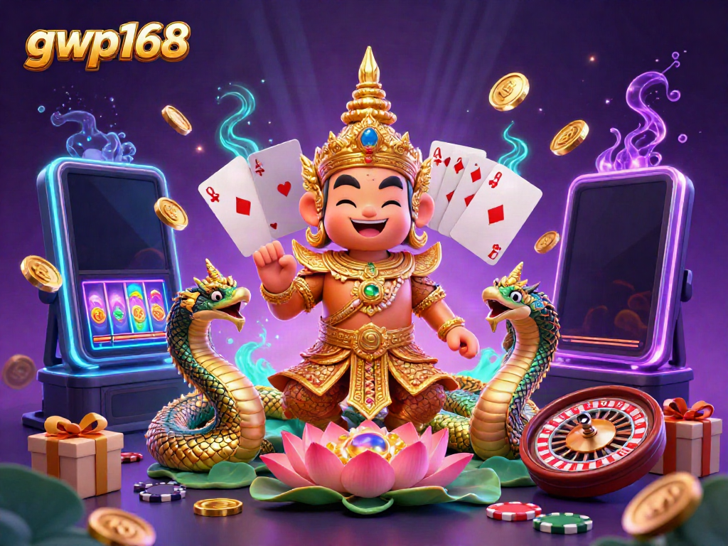 Menggoda pemain dengan slot game di gwp168, disertai elemen kasino ceria dan efek visual menarik.