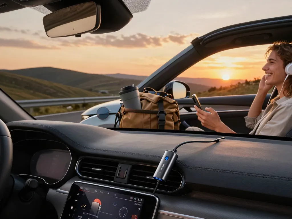 Adaptor air88 yang terhubung pada sistem audio mobil, dengan pasangan muda menikmati suasana santai di jalan raya.
