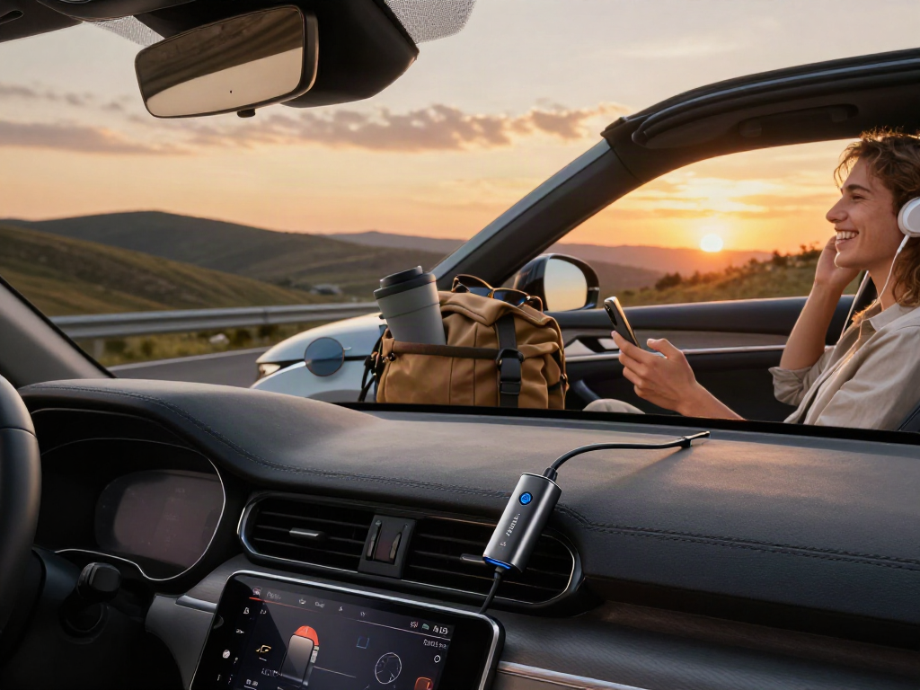 Adaptor air88 yang terhubung pada sistem audio mobil, dengan pasangan muda menikmati suasana santai di jalan raya.