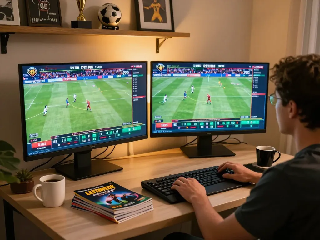 tr88 user actively placing bets in a cozy home office with multiple screens and betting guides