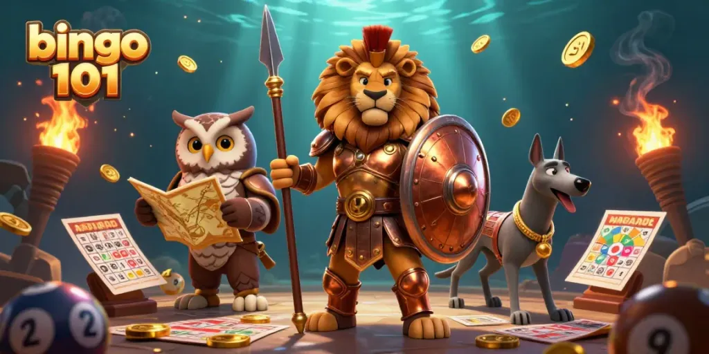 Engage with bingo 101 featuring a Spartan lion, owl strategist, and greyhound messenger amidst vibrant bingo elements.