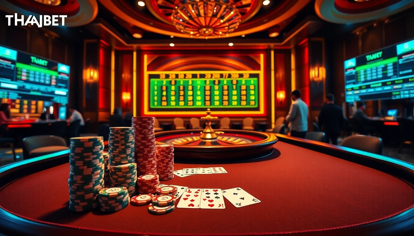 Players enjoying a thrilling game at THABET casino with vibrant chips and cards.