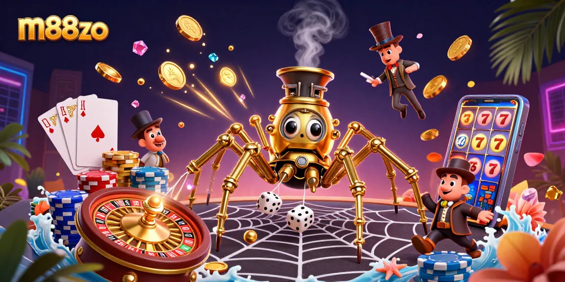 Catch the excitement of m88zo with a steampunk spider and dazzling casino elements in a vibrant scene.