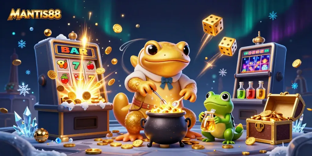 MANTIS88 slots and games, featuring characters in a vibrant casino scene with gold coin action.