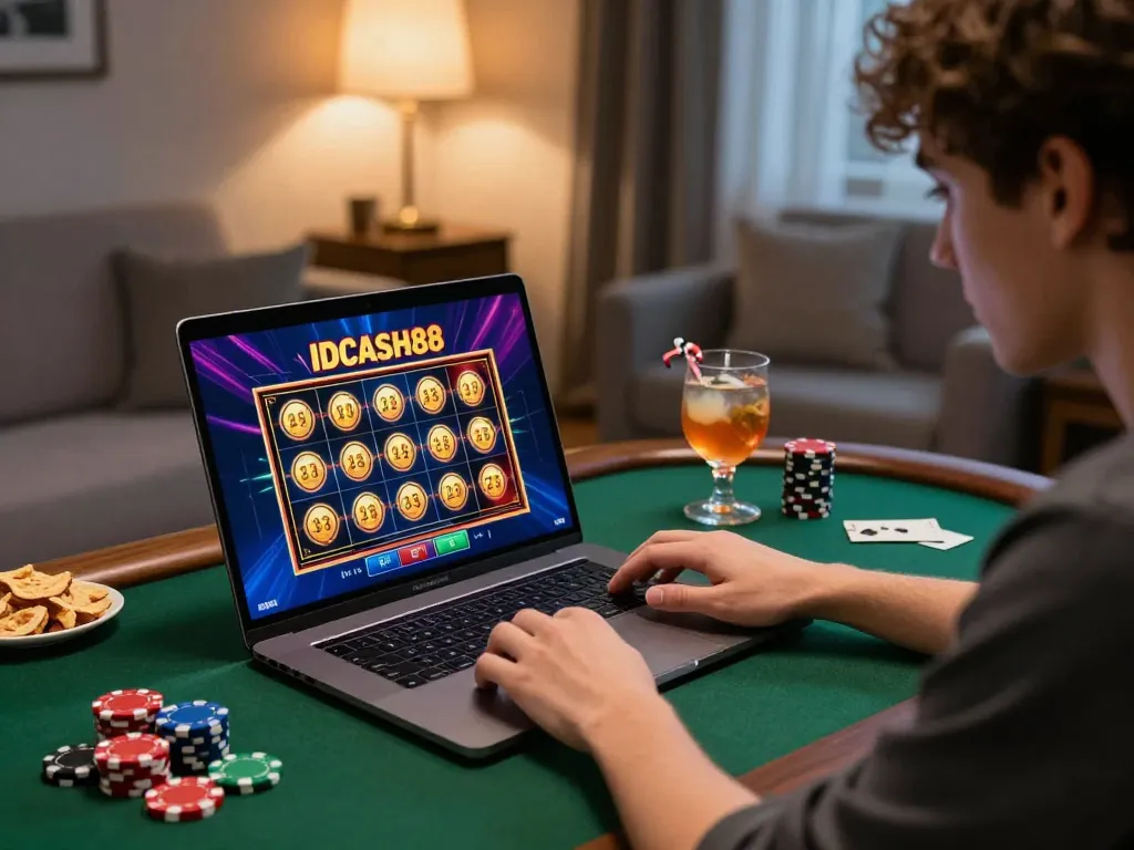 Experience thrilling online gaming with IDCASH88 featuring vibrant slot graphics and cozy home atmosphere.
