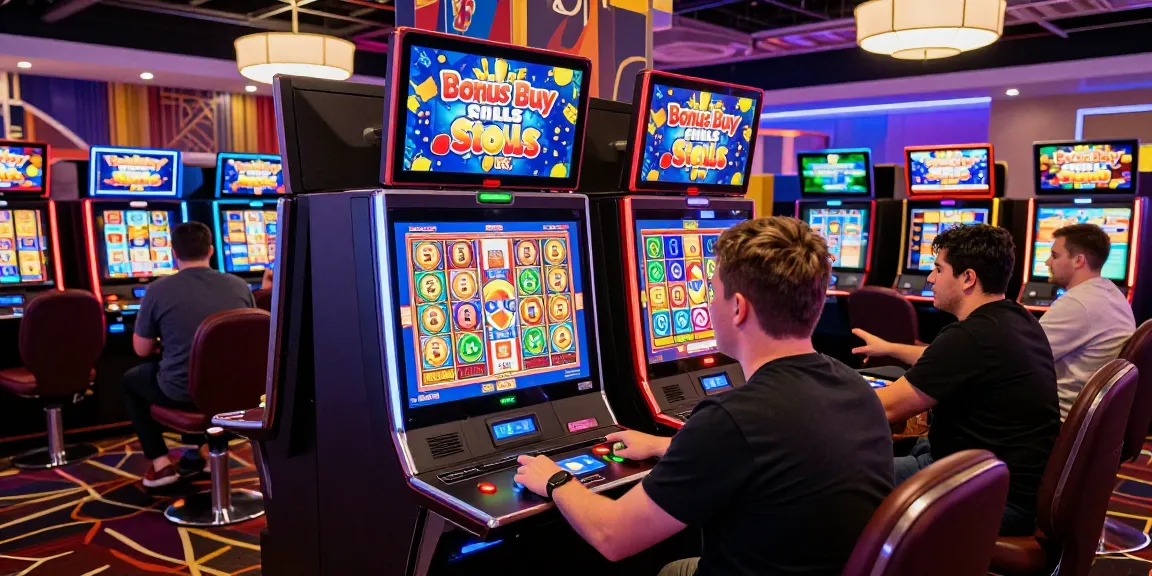 Exciting gameplay on bonus buy slots UK at vibrant international casino, showcasing players activating bonus rounds.