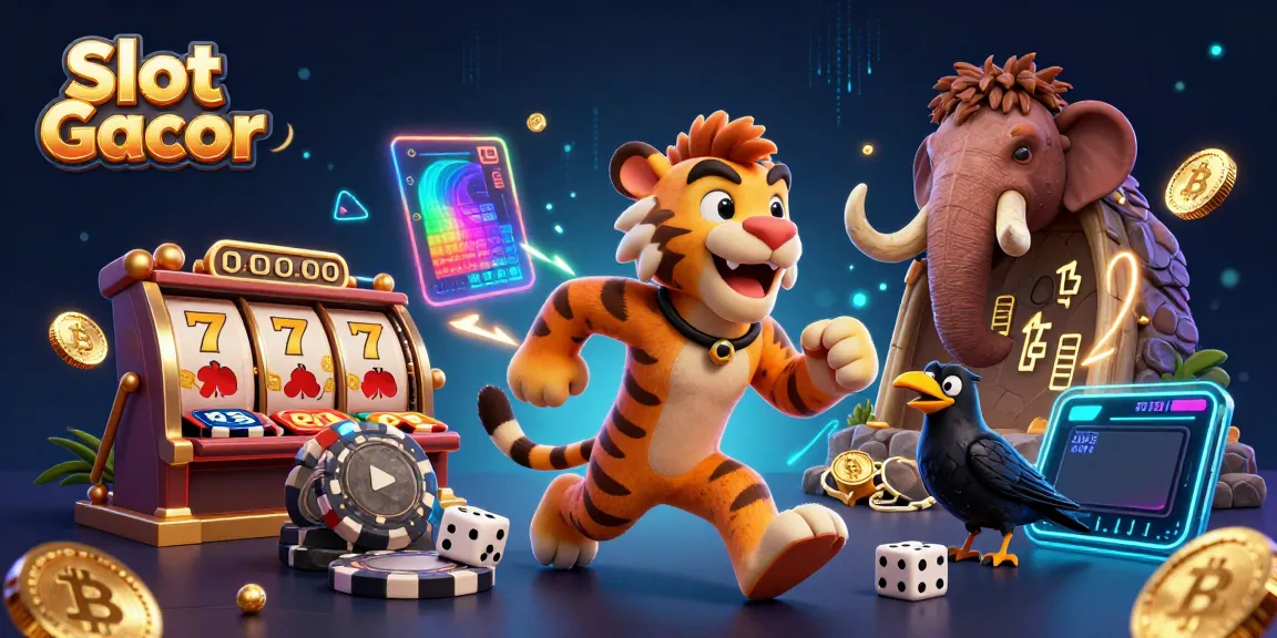 Engage with Slot Gacor in a vibrant casino scene filled with 3D characters and dynamic gambling elements.