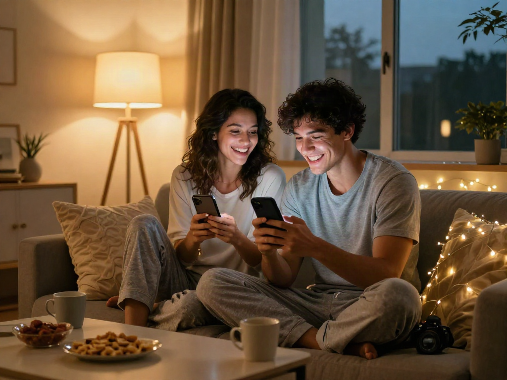 Couple enjoying sexting ai interaction together in cozy living room.