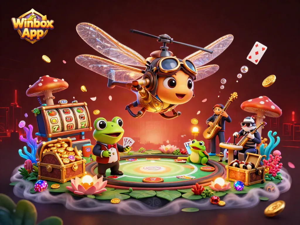 Engage with the thrilling Winbox App at a lily pad casino, featuring vibrant gaming elements.