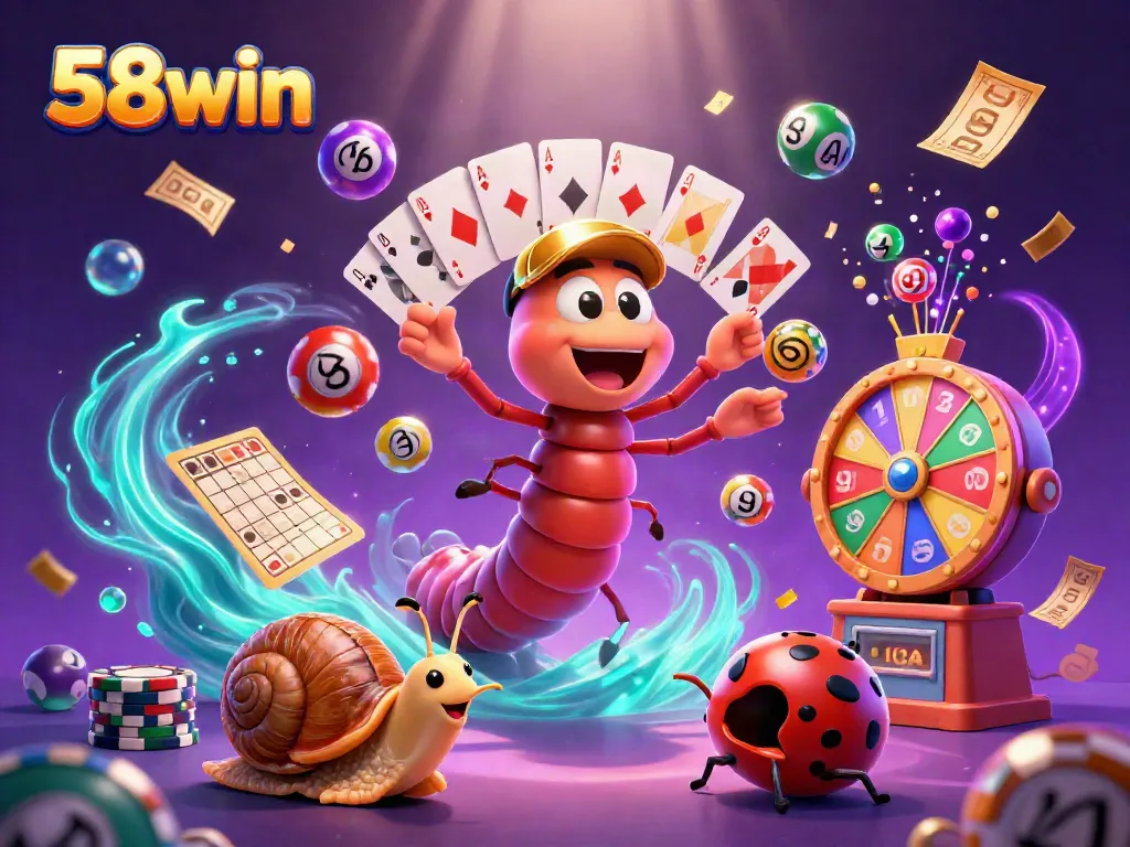 Experience the excitement at 58win with a vibrant illustration of a cartoon casino scene, showcasing games and fun.