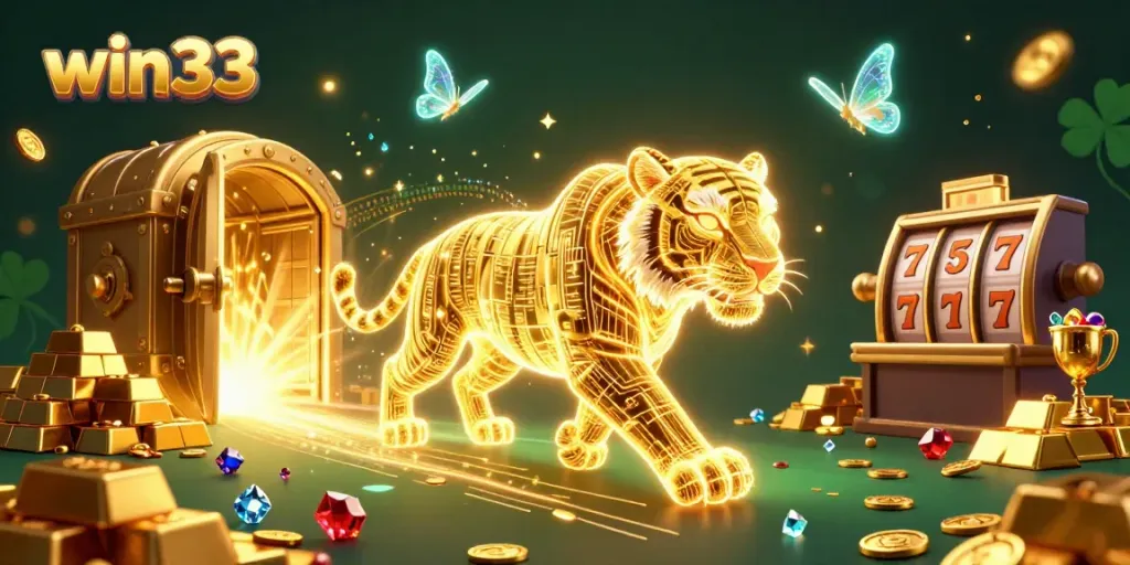 Experience the thrill of win33 with a golden tiger navigating a vibrant casino featuring dazzling treasures and dynamic gaming elements.