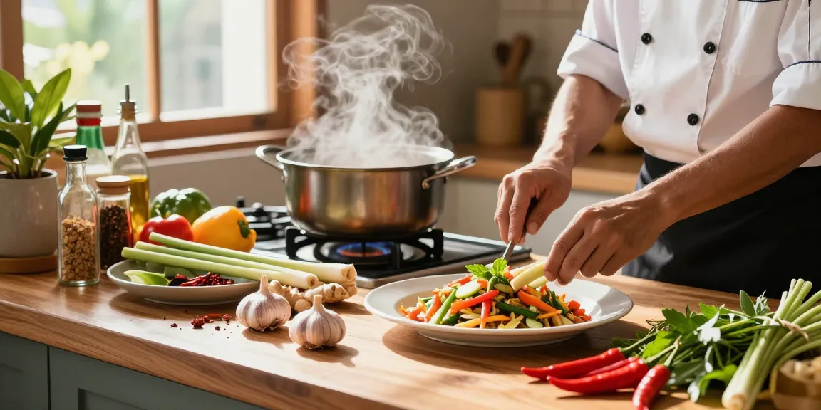 Exciting cooking scene with fresh ingredients like ginger and lemongrass, emphasizing the culinary art of preparing Thai dishes, incorporating สล็อต elements.