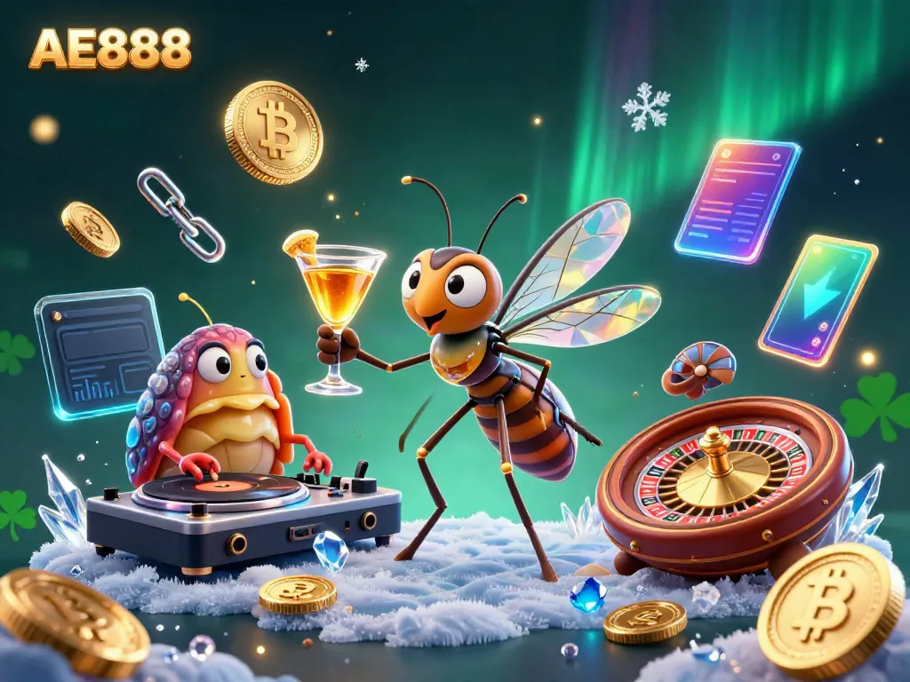 Experience AE888 with a dynamic 3D scene featuring a casino mascot and vibrant crypto elements.