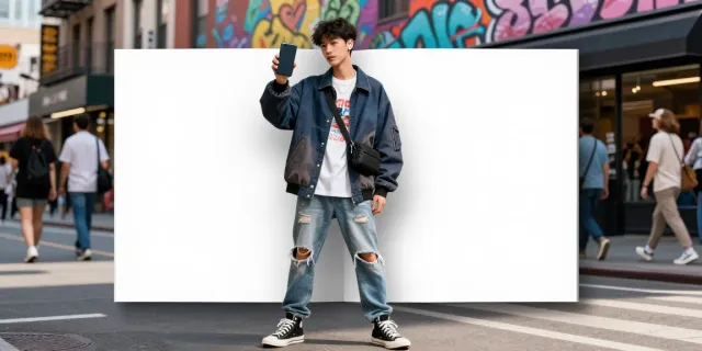 Fashion influencer showcasing peh888 streetwear style in a vibrant urban setting.