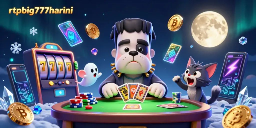 Experience thrilling gameplay with rtpbig777hariini as Frankenstein bulldog deals cards at a spooky casino table.