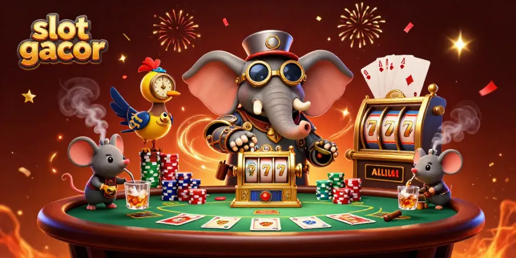 Engaging 3D illustration featuring a steampunk elephant engineer with a golden slot machine, poker elements, and festive backgrounds, highlighting slot gacor.